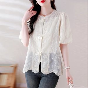 Áo Sơ Mi Ren Tay Bồng Cổ Tròn Tay Ngắn Dành Cho Nữ Mùa Hè Mới Phong Cách Trung Hoa Mới Áo Sơ Mi Nhỏ Mới