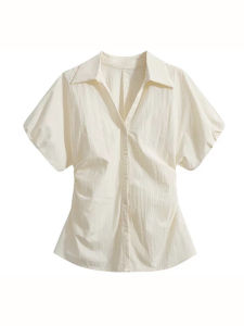 YIFENGXIN | Blue V-Neck Wrinkled Waist-Cinching Short-Sleeved Blouse