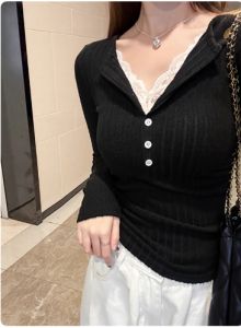 Áo Sơ Mi Cổ Chữ V Dài Tay Ren Dệt Kim Ôm Vừa Vặn Áo Lót Hai Mảnh Giả Thời Trang Thu Đông Áo Sơ Mi Nữ
