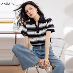 AMMIN Áo Thun Đen Phong Cách Hàn Quốc Cotton Sọc Trắng Và Phong Cách Ngắn Áo Chui Đầu Thường Ngày Cổ POLO Dáng Ngắn Spice Girl Mùa Hè Mới Cho Nữ