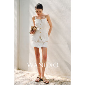 WANGXO Oxygen Sensation Linen Texture Strap Vest And Skirt Set U-Neck Button up Fashionable Two-Piece Womens Clothing