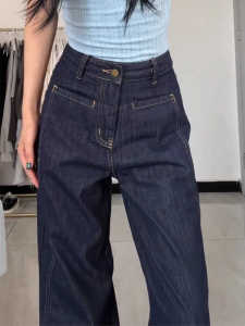 plus Size Loose Straight Leg Deep Blue High Waist Slimming Denim Jeans Autumn Winter New Style Retro Female plus Size Pants