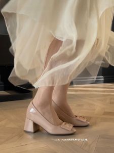 รองเท้าส้นสูงหัวมนแบบสวมหัวสำหรับผู้หญิง ฤดูใบไม้ผลิและฤดูร้อน 2025 รองเท้าส้นแบนแบบหัวเหลี่ยม ทรงหัวมน ส้นสูงแบบซ่อนได้ วัสดุหนังแกะ