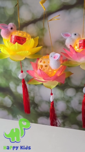 Lồng đèn rọ tre  giỏ tre hình thỏ ngọc trên đài sen hoa sen kèm đèn led lấp lánh xinh đẹp