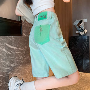 Womens Denim Shorts Spring Summer Thin Loose Slimming Design Five-Quarter Straight Leg Jeans Casual High Waist Zipper Closure