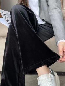 Quần Ống Rộng Cạp Cao Màu Đen Nhung Lót Lông Cừu Cho Nữ Mùa Thu Đông Quần Dài Thường Ngày Đa Năng Ôm Sát Cơ Thể