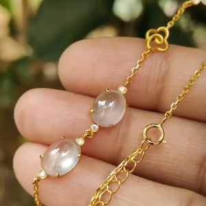 Icy Translucent Jadeite Bracelet – Natural Type A Cabochons 18K Gold Harmony of Elements Sku: 18kp107