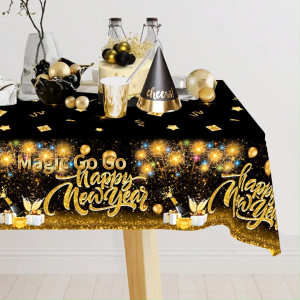 130x220cm Happy New Year Plastic Table Cloth For 4 Seater Sparkling Gold Fireworks Balloon Design Disposable Tablecloth New Year Eve Party Supplies Happy New Year 2026 Decorations