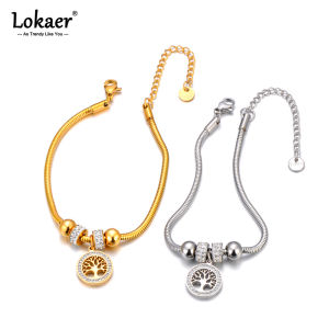 Lokaer Waterproof Fashion Life Tree & Heart Charm Bracelet 18K Gold Plated Stainless Steel Rhinestone Jewekry For Women B24053
