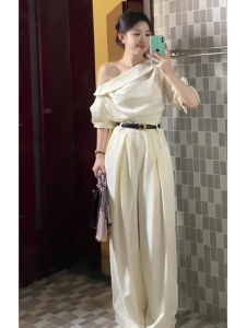 Asymmetrical off-Neck Sense of Design Shirt Womens Early Autumn Fancy Ruched Bell Sleeve Tops Suit Pants Suit