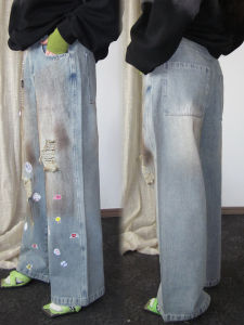 JDL MODE Spring 2025 Womens Vintage Washed Patchwork Light Blue Jeans Straight Leg Trousers Cotton Stretch Denim