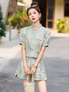Summer New Chinese Style Floral Print Short Pants Set Womens Bubble Sleeve Slimming Two-Piece Set High Waist Short Skirt