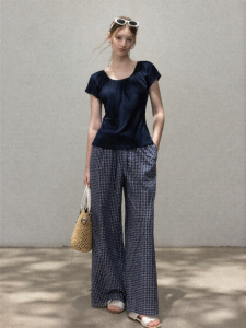 Cantonstory | Vintage Blue Check High Waist Wide Leg Trousers