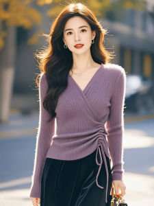 Áo Len Dệt Kim Dài Tay Màu Tím Thanh Lịch Cho Nữ Cổ Chữ V Thắt Eo Dây Rút Áo Len Cardigan Mềm Mại Đa Năng Mặc Đi Làm