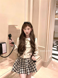 Chil Sung Womens Fashion Set High Waist Puffy Skirt And Woolen Coat Plaid Design Initial Meeting in Spring Long Sleeve Turn-down Collar