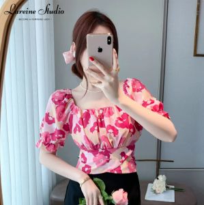 LAREINE Crop Tops for Women Short Sleeve Square Neck Floral Shirt Korean Causal Off Shoulder Blouse
