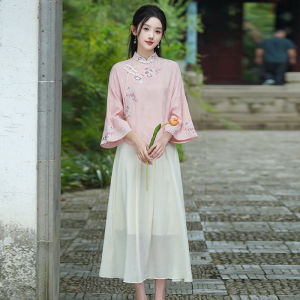 New Chinese Style Two-Piece Set Cheongsam Dress Retro Republic of China Fashion Womens Hanfu Clothing High Waist A-Line Skirt