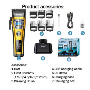 Kemei KM-1911 Professional Hair Clipper for Men DLC Blade with Base Charger LED Display Mute Haircut