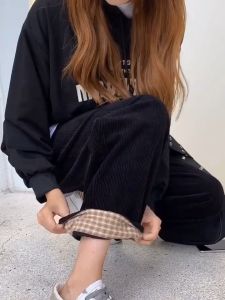 Celana Lurus Korduroi Wanita Fashion Populer Gaya Korea Celana Lebar Pinggang Tinggi Retro