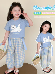 Girls Summer Cartoon T-Shirt Set Short Sleeve Plaid Two-Piece Outfit Casual Style Childrens Fashionable Clothing