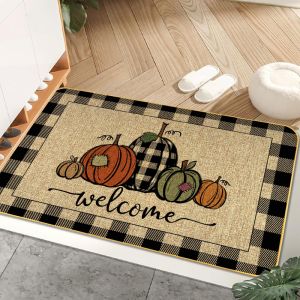 VIKAMA Outdoor Fall Welcome Pumpkin Mat Buffalo Check Plaid Non Slip Farmhouse Thanksgiving Front Door Decor Rug