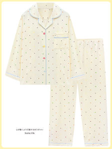 ลายจุดเกาหลี ผ้าฝ้าย ชุดนอนแขนยาว กางเกงขายาว ชุดอยู่บ้านสําหรับผู้หญิง หวาน สไตล์สามารถสวมใส่นอก ฤดูใบไม้ผลิ และ ฤดูใบไม้ร่วง