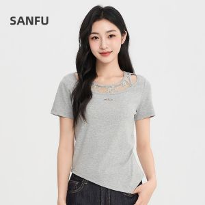 SANFU | Metal Letter Embroidery Lace Faux Two-Piece Top