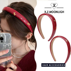 X.Z.MOONLIGH Retro Ancora Red PU Leather Hair Hoop for Women with High Skull Bow Face Wash Non-slip Hair Bundle Whitening Hair Accessory