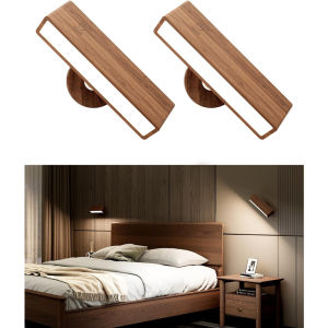 Rechargeable Solid Wood Wall Sconces Battery Operated Black Walnut Wall Lamps Dimmable Wall Reading Lights for Bedside Mirror