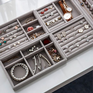 Amoki Stackable Jewelry Drawer Organizer Velvet Trays Showcase Holder Dresser Insert Divider Storage for Necklace Ring Earring
