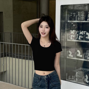 Summer Short Sleeve U-Neck T-Shirt Womens Slim Fit High Waist Tight White Top Fashionable Commute Korean Style Pure Color