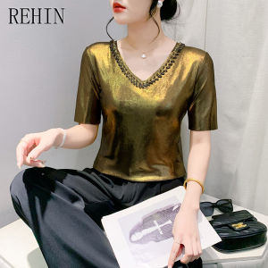 REHIN Summer new fashion V-neck beaded short-sleeved T-shirt shiny elegant womens top