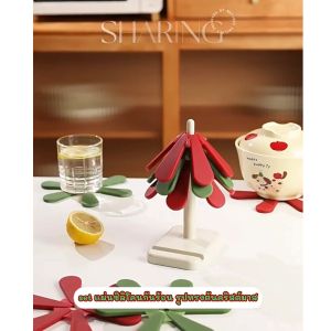 set แผ่นซิลิโคนกันร้อน สำหรับรองจาน รองหม้อ พร้อมที่เก็บรูปทรงต้นคริสต์มาส ที่รองจาน รองแก้ว