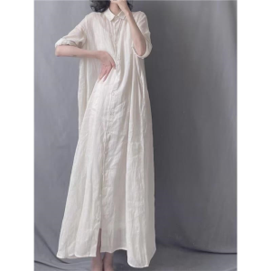 Moxueer | Đầm Dài Phong Cách Mùa Hè Cotton Trắng Giúp Gầy và Che Bụng Dành cho Size Lớn