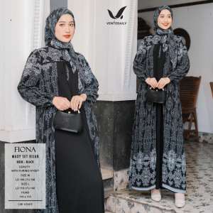 VENTE | Fiona Set Hijab Segiempat Gamis Dress Wanita Muslimah Terbaru Bahan Ceruty Motif LD 105-115