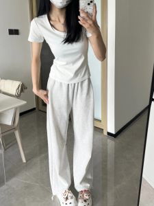 กางเกงวอร์มผ้าฝ้ายแท้สีขาวเทา กางเกงขายาวทรงตรงลำลองสำหรับผู้หญิง กางเกงขายาวทรง American Sports กางเกงขายาวทรง Slim Fit กางเกงขายาวทรงขากว้าง