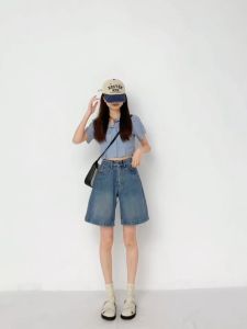 High-waisted Five-point Mid-calf Pants with Elastic Waist Retro Loose Pear-shaped Figure Wide-leg Versatile Womens Denim Mid-calf Pants