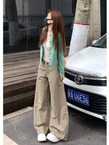 Extended Length Khaki Wide Leg Floor-Length Jeans Womens High Waist Drapey Slimming Loose Straight Leg Pants