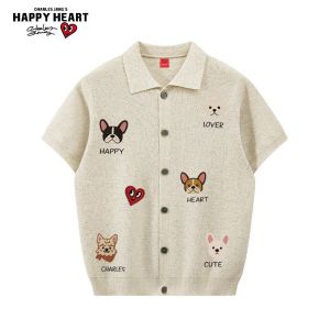 CHARLES JANGS HAPPY HEART | Heart Vintage Style Tencel Short Sleeve Knit Polo Shirt