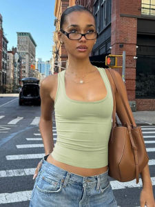 เสื้อครอปแขนกุดคอเหลี่ยมทรงบอดี้คอนสำหรับผู้หญิง สไตล์เซ็กซี่หรูหรา สีพื้น Y2K เหมาะสำหรับงานปาร์ตี้ คลับแวร์ ชุดฤดูร้อน ขายส่ง