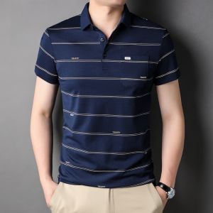 ROMON | Lormen Mens Stripe Polo Shirt Summer Thin Business Casual Ice Silk Cotton With Collar Short Sleeve T-shirt Upper Body