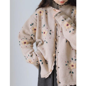 Retro Japanese Style Embroidered Flower Sweater Cardigan Womens Autumn New Arrival Knitted Shawl Loose Fit Lazy Day Clothing