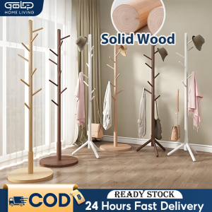 GOLD Solid Wood Coat Rack with 9 Hooks Clothes Hanging Rack(Wood/White/Brown)Penyangkut Baju & Beg Stylish Organizer for Clothes Hats Bags Rustic Penyangkut Baju Rak Gantung实木衣帽架