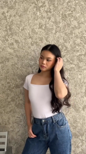 Lassmee | REENA Baju Atasan Wanita / Bodysuit Basic Polos Lengan Pendek Leher Kotak / Kaos Jersey Spandex