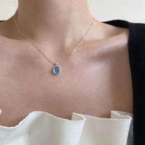 Titanium Steel Necklace Womens Style Sea Tear Sapphire Color Fashion Jewelry Luxury Minimalist Accessory Lemon Tree House