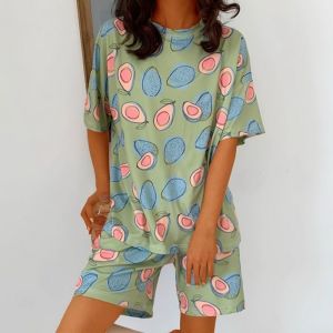 ชุดนอนผู้หญิงฤดูร้อน ชุดนอนแขนสั้นพิมพ์ลาย ชุดนอนผ้าโพลีเอสเตอร์ ชุดนอนเซ็กซี่ ชุดนอนลำลอง ชุดนอนผู้หญิง