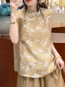 QINGNAER | New Chinese Style Yellow Butterfly Print Sleeveless Top