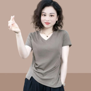 ฤดูร้อน 2024 สุภาพสตรี ผ้าฝ้าย เสื้อยืดแขนสั้นไม่สม่ําเสมอ ดีไซน์ สลิมฟิต คอวี เสื้อท่อนบน อินเทรนด์ ชุดทํางานยาวมินิวัสดุบาง