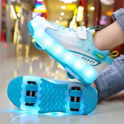 Childrens Roller Skate Shoes Luminous Invisible Double Wheel Motion Sports Shoes Roller Blades Glowing Chargeable Sneakers