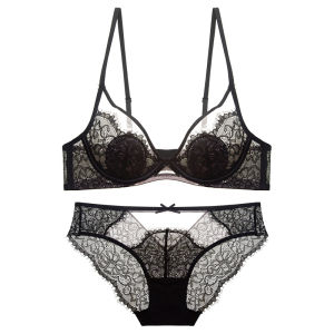 Ultra-Thin Crystal Cup Bra ขนาดใหญ่เซ็กซี่ V-Back ชุดชั้นในลูกไม้ชุดสําหรับหญิงสาวธรรมชาติ-ดูสายรัด Bra